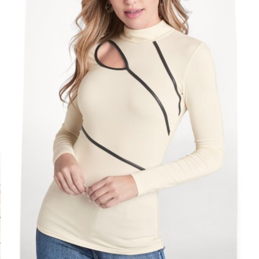 VENUS Cream Long-Sleeve Mock Neck Top with Black Trim